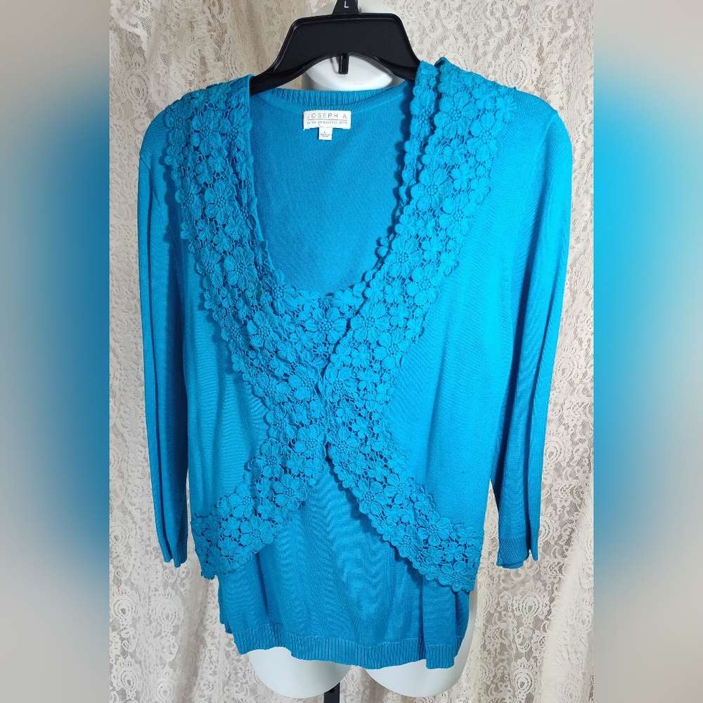 Joseph A. Blue V-Neck Sweater Set with Crochet Matching Borelo Cardigan Nwot